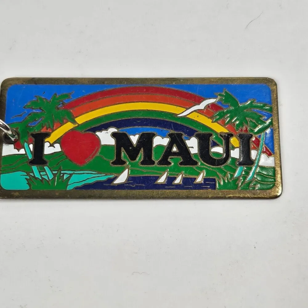 I Heart Maui Vintage Keychain Brass Enamel Hawaii Souvenir 1980s
